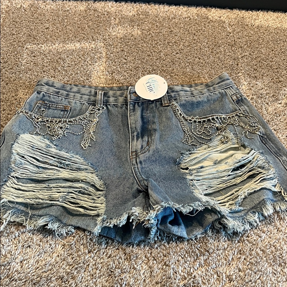 Distressed Denim Shorts with Chain Detail